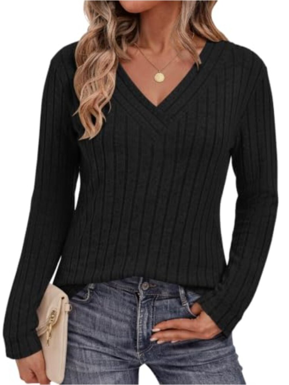 Women's V-Neck Long Sleeve Ribbed Knit Pullover Sweater